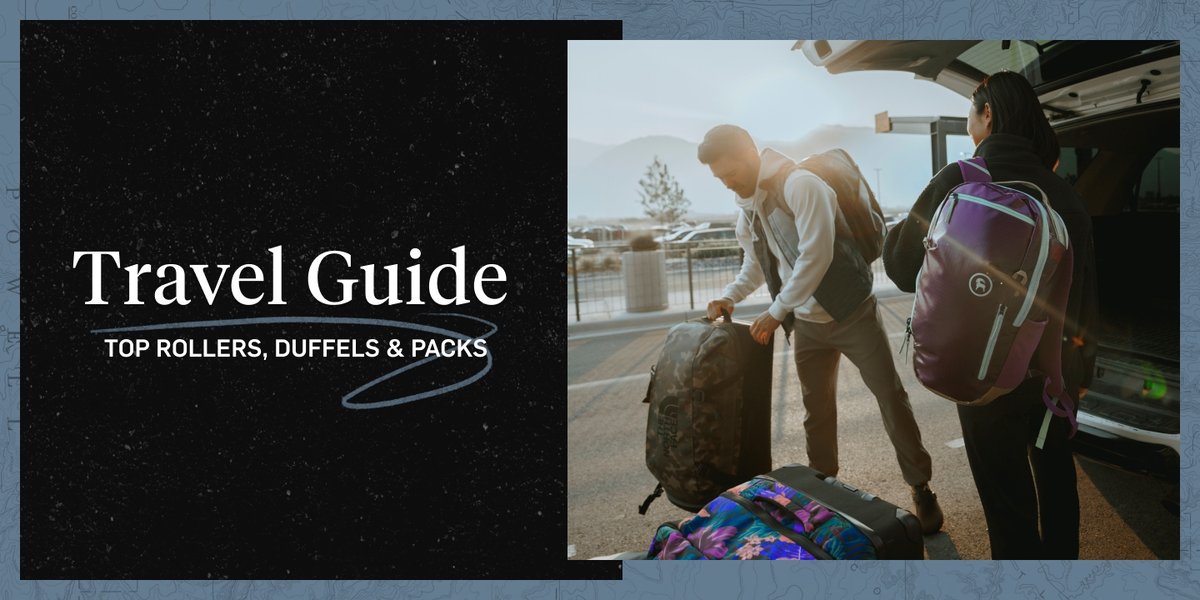 Two people load travel bags into a car. They are at the airport and about to embark on a trip. To the left of the image, on a black background, the words “Travel Guide, top rollers, duffels & packs” appear.
