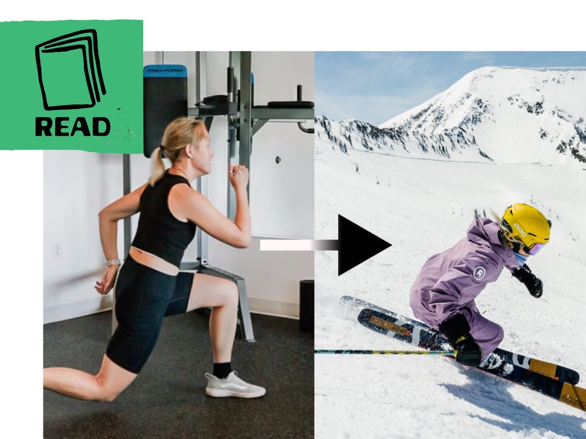 A collaged image with a skier making a turn and a gym-goer performing a leg exercise.  